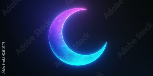A vibrant neon crescent moon against a dark background, ideal for use in digital art, marketing materials, or themed events. Evokes a sense of wonder and tranquility.