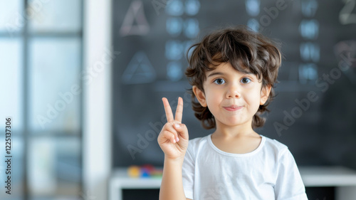 young child with curly hair is counting on fingers in front of chalkboard, expressing curiosity and focus in learning environment Free Download young child with curly hair is counting on fingers in front of chalkboard, expressing curiosity and focus in learning environment - GFXLoad