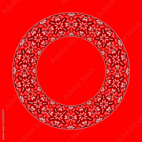 Vector illustration of round frame Ukrainian ornament in ethnic style, identity, vyshyvanka, embroidery for print clothes, websites, banners. Background. Geometric design, copy space, frame