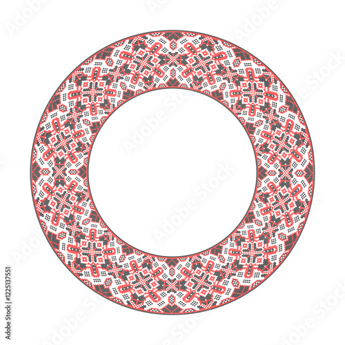 Vector illustration of round frame Ukrainian ornament in ethnic style, identity, vyshyvanka, embroidery for print clothes, websites, banners. Background. Geometric design, copy space, frame
