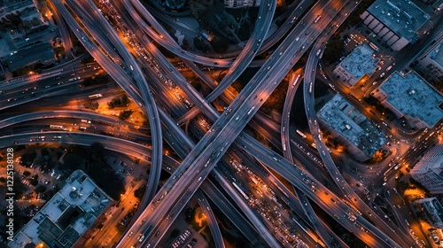 Aerial View of a Complex Highway Interchange at Night with Traffic and Building Lights