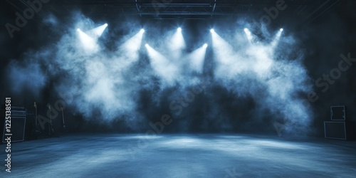 Dynamic stage scene with dramatic lighting and smoke, ideal for promoting concerts, music events, or theatrical performances.