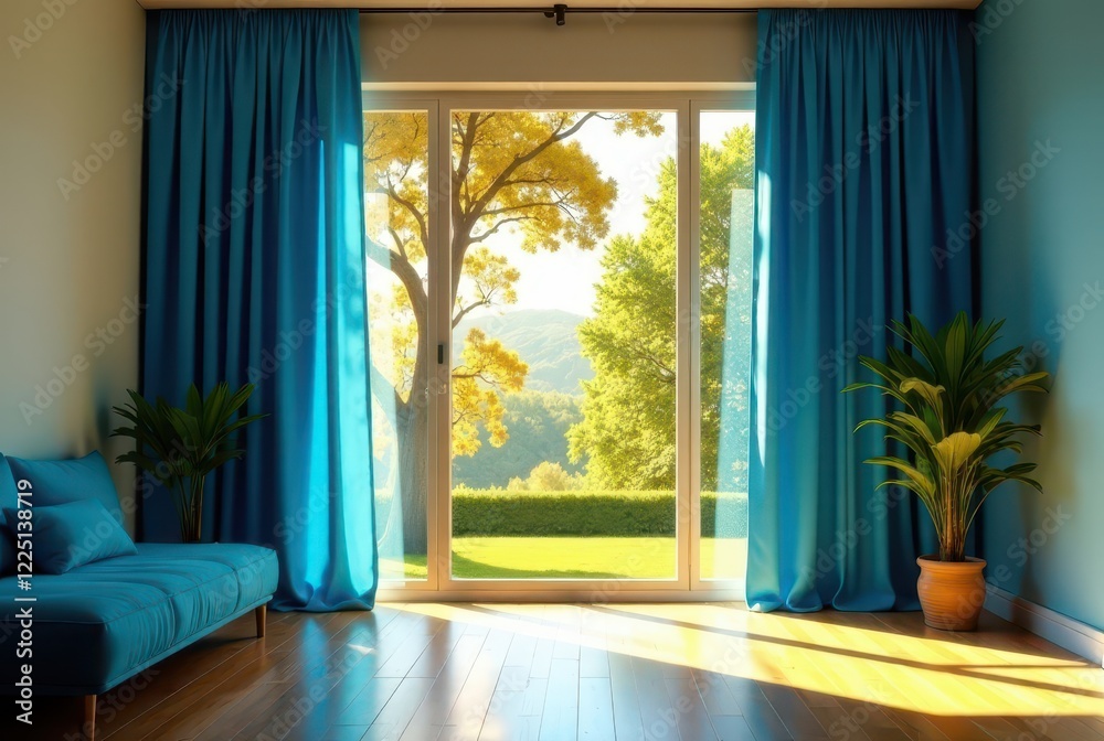 Fototapeta premium Serene living room with vibrant blue curtains framing a sunlit view of lush nature through expansive glass doors.