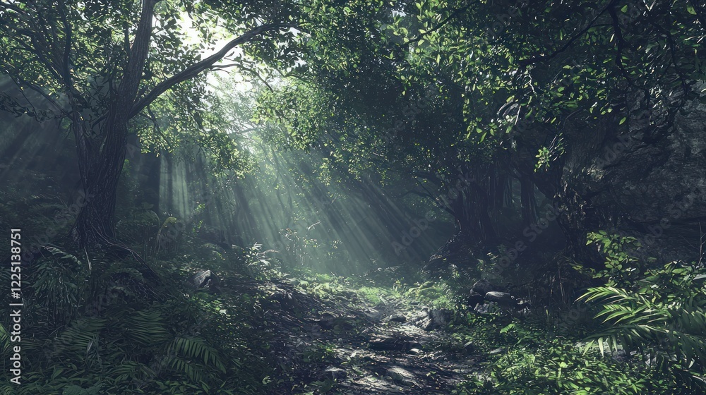 Fototapeta premium Sunbeams illuminate a lush, mysterious jungle path.