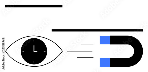 Clock inside an eye with a magnet emitting motion lines. Themes Ideal for focus, productivity, time management, attraction, vision, goal-setting, and abstract line flat metaphor