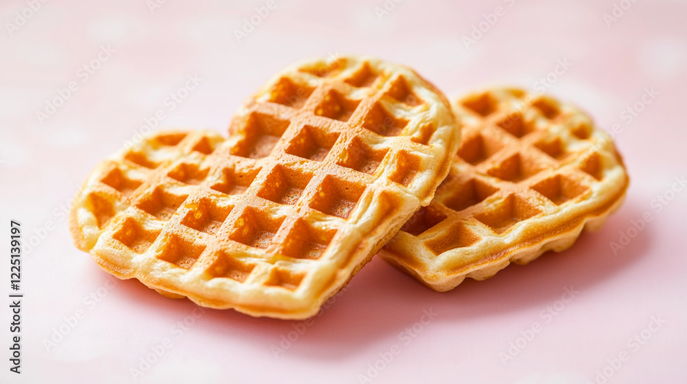 Delicious heart-shaped waffles on a soft pink background for a sweet breakfast treat Delicious heart-shaped waffles on a soft pink background for a sweet breakfast treat