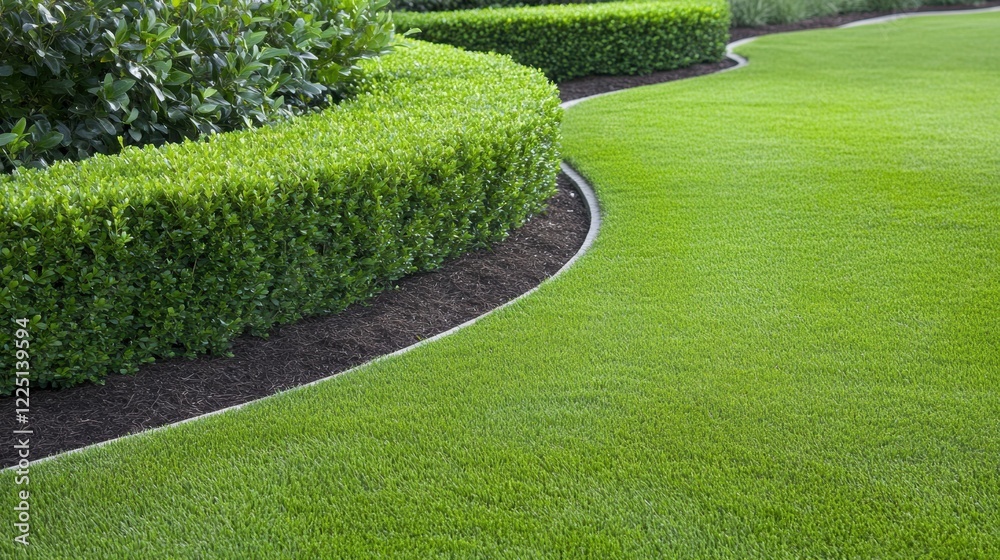 Fototapeta premium Pristine lawn and neatly trimmed hedges in a modern garden landscape design