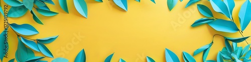 Turquoise paper leaves arranged in a round frame on a bright yellow background, perfect for text, flat lay style.