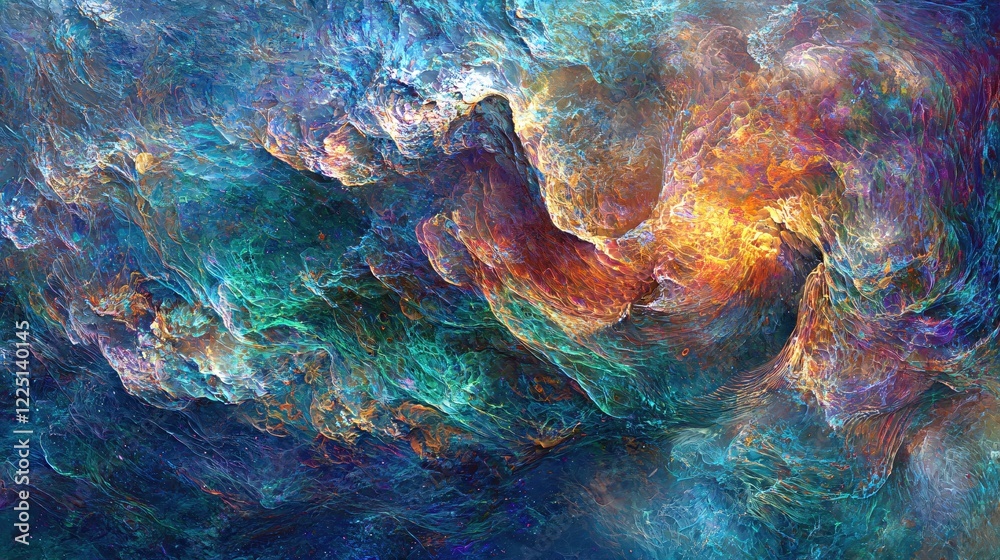 Naklejka premium Abstract cosmic artwork with vibrant swirling colors and textured brushstrokes in blue and orange