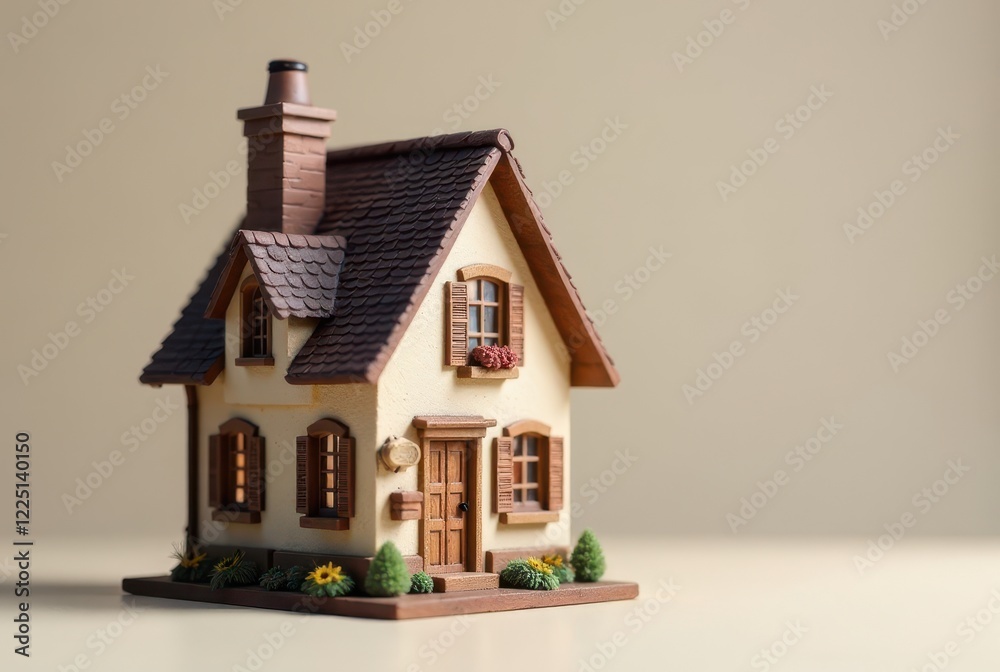 Charming Miniature House Model with Brown Roof and Shutters, Ideal for Real Estate or Homeownership Concepts Charming Miniature House Model with Brown Roof and Shutters, Ideal for Real Estate or Homeownership Concepts