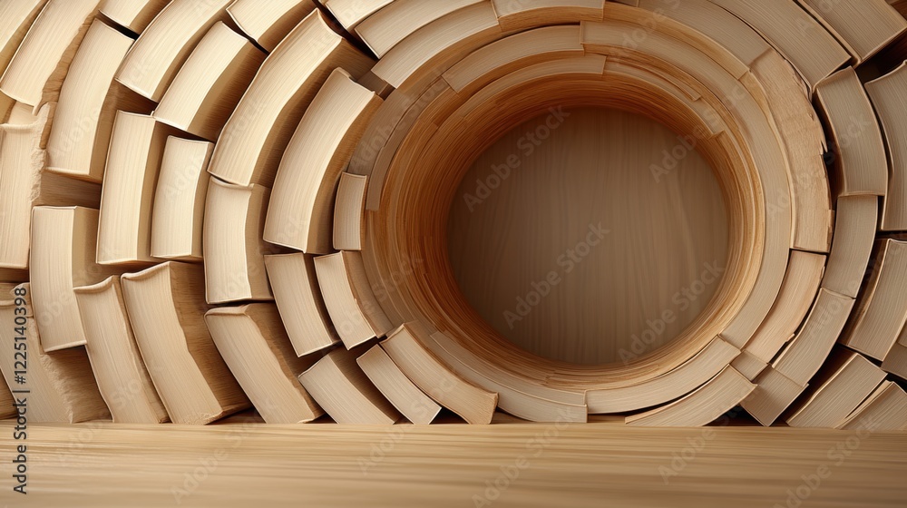 Fototapeta premium Surreal circular tunnel formed by stacked open books on wooden surface