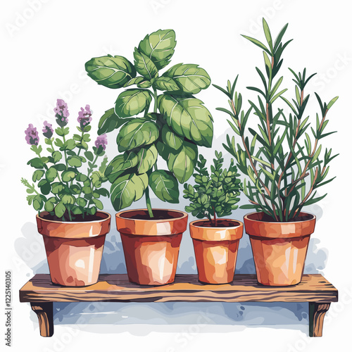 Watercolor Indoor Herb Garden on Hanging Shelf