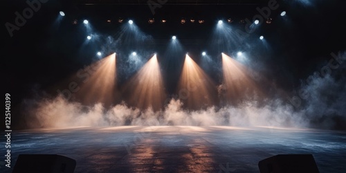 Illuminated stage with dramatic lighting and fog, ideal for promoting events, concerts, and performances. photo