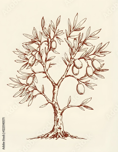 Sketched vintage illustration of olive tree branch, doodle art, with white tones