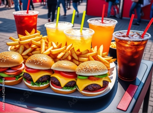 Tasty burgers and fries served with refreshing drinks in a bustling outdoor setting photo