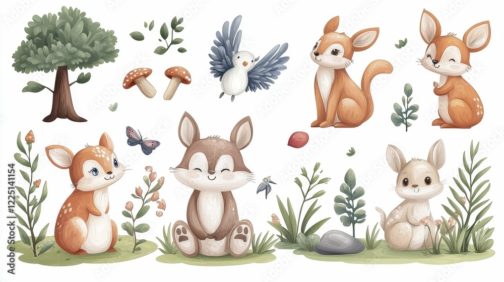 Naklejka premium A charming illustration featuring cute woodland animals, including deer, rabbits, and birds, alongside trees and mushrooms, creating a whimsical forest scene.