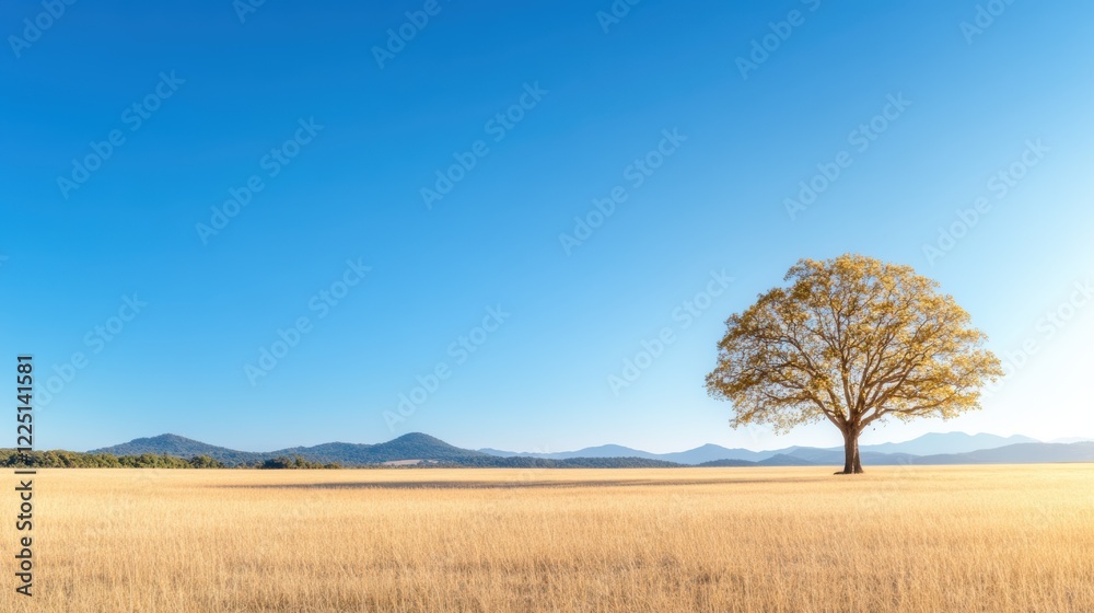 Fototapeta premium Lone tree in golden grass field against clear blue sky and distant mountains