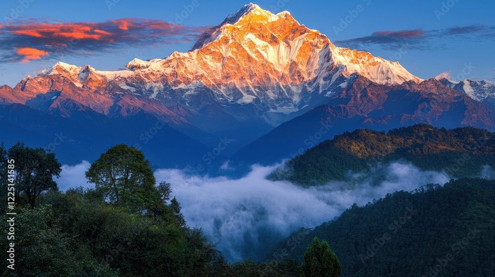 Obraz premium Majestic sunrise illuminates snow-capped Himalayan peak.