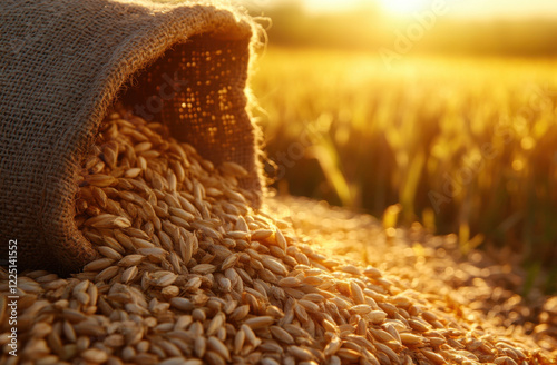 Golden grains spill from burlap sack in a sunlit field at dusk, showcasing the harvest season's bounty