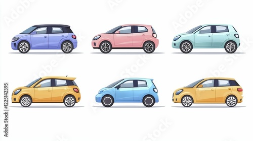 Six colorful cars displayed in a side view, showcasing various designs and shades, including blue, pink, green, and yellow.