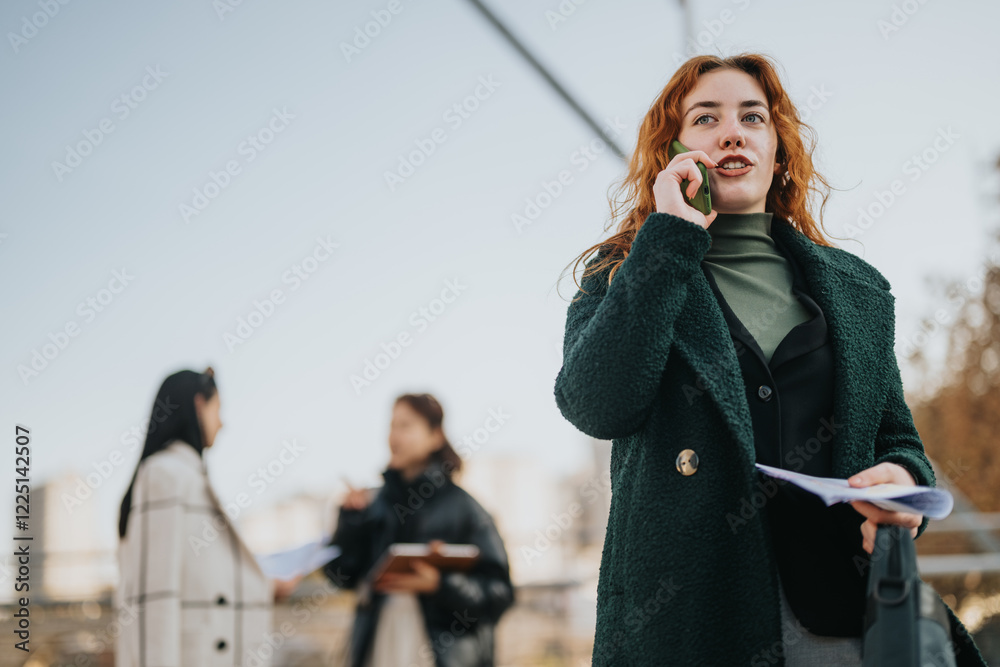 Fototapeta premium Three women engaged in an outdoor business meeting, showcasing teamwork, collaboration, and conversation while preparing strategies and analyzing projects in a professional environment.