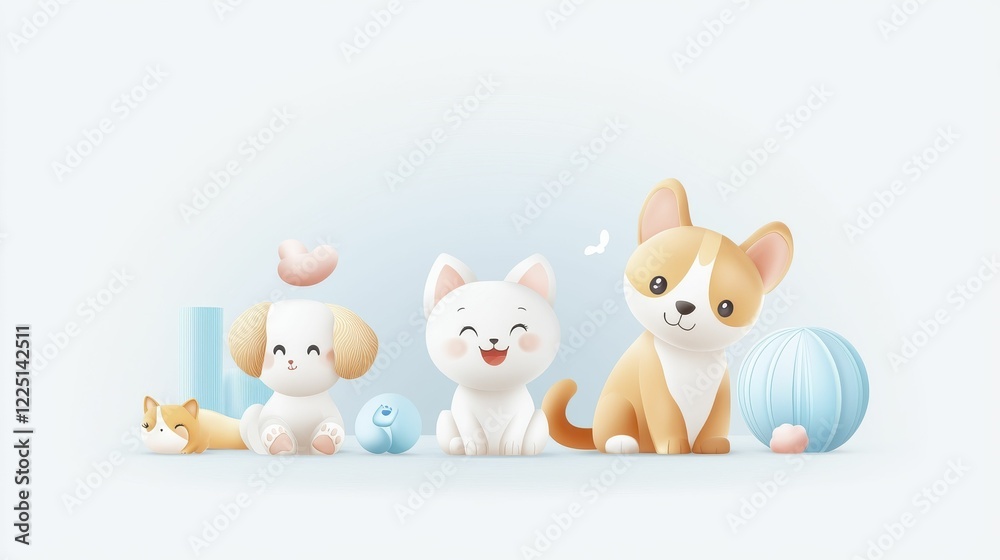 Fototapeta premium A cute illustration featuring three adorable pets: a dog, a cat, and a corgi, surrounded by colorful toys and decor, exuding a playful and cheerful vibe.