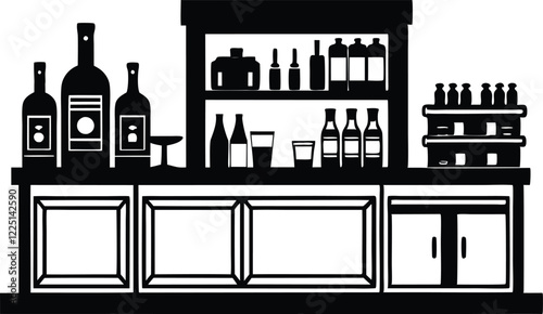 Alcohol bar with barmen and couple black and white Illustration