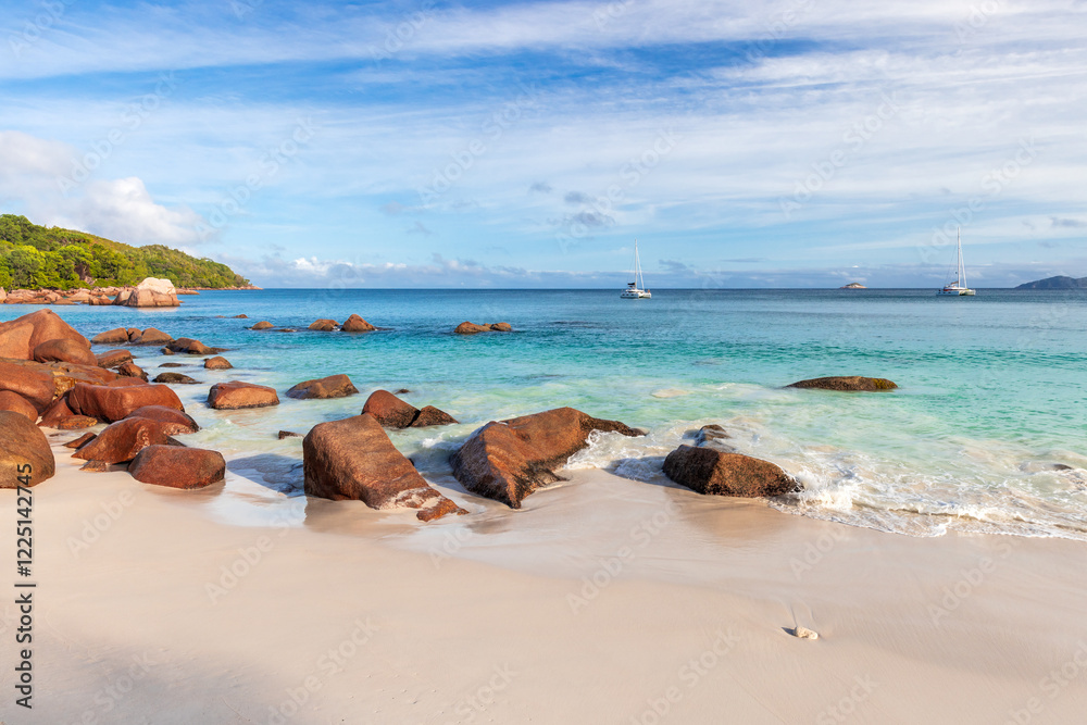 Anse Lazio beach, landscape of Praslin island, Seychelles Anse Lazio beach, landscape of Praslin island, Seychelles