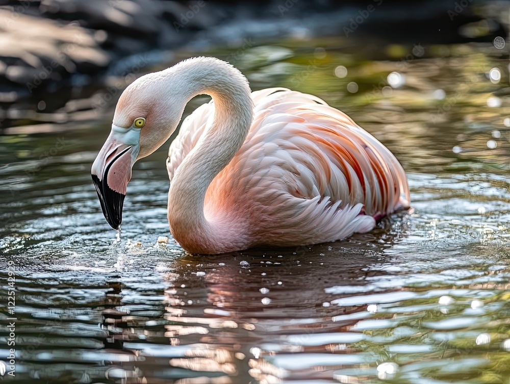 Fototapeta premium A pink flamingo drinks water from a pond with a reflection of the sun on the water
