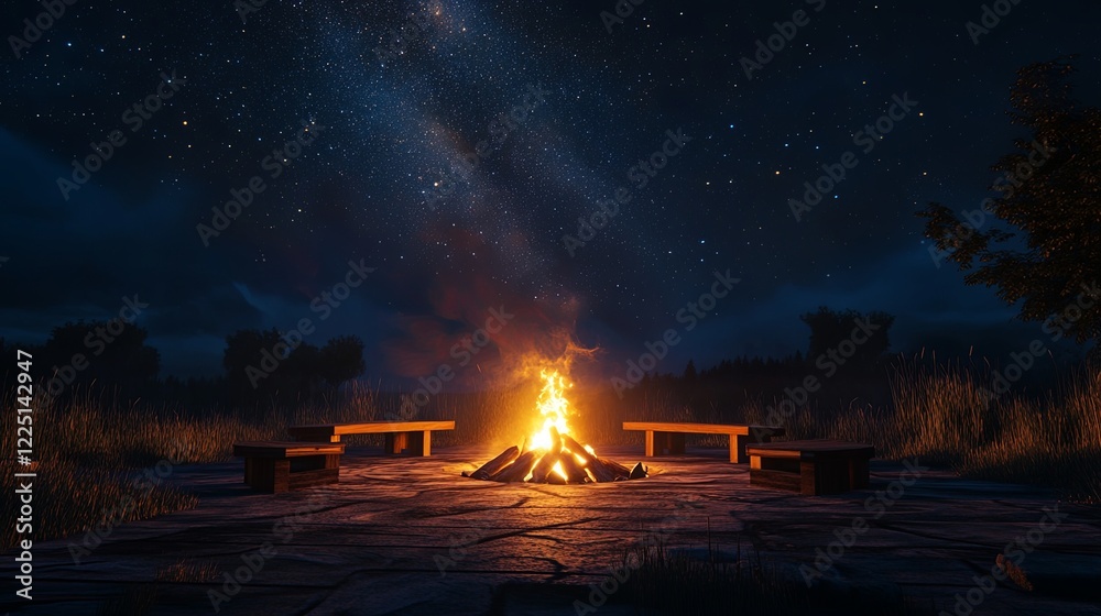 A glowing campfire surrounded by minimalist wooden seating under a starry sky. digital A glowing campfire surrounded by minimalist wooden seating under a starry sky. digital