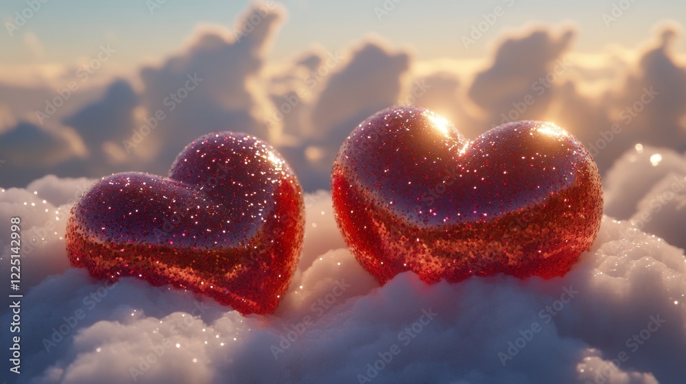 Fototapeta premium A dreamy composition of red hearts with glitter details, nestled in soft clouds, exuding romance and charm.