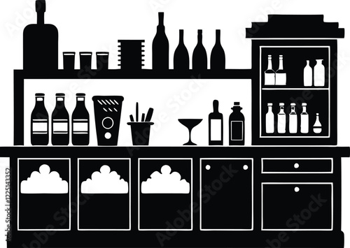 Alcohol bar with barmen and couple black and white Illustration