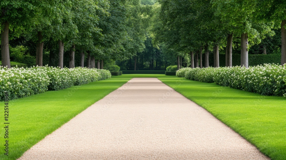 Lush green garden path with trees and blossoming shrubs in tranquil setting Lush green garden path with trees and blossoming shrubs in tranquil setting
