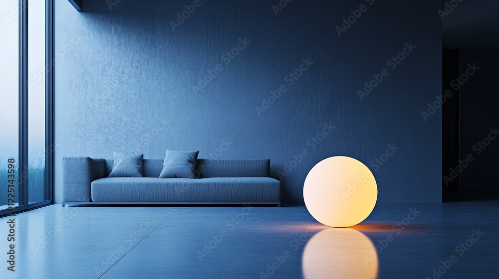 A glowing orb in the corner of a modern living room on a smooth concrete floor. digital A glowing orb in the corner of a modern living room on a smooth concrete floor. digital