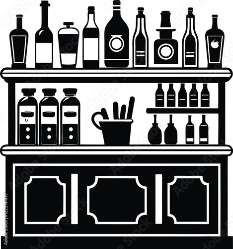 Alcohol bar with barmen and couple black and white Illustration