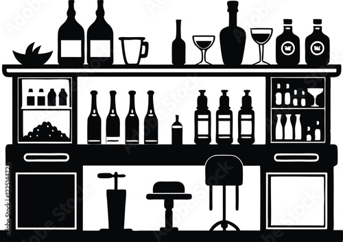 Alcohol bar with barmen and couple black and white Illustration