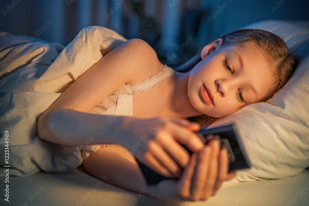 Obraz premium girl with phone in the bed