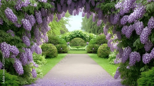 Serene wisteria garden with archways and greenery in blooming springtime