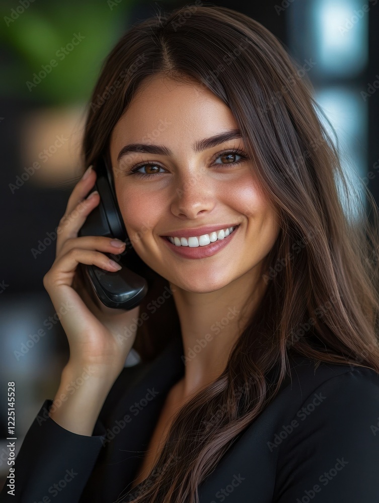 A portrait of a smiling brunette receptionist talking on telephone in the office with selective focus A portrait of a smiling brunette receptionist talking on telephone in the office with selective focus