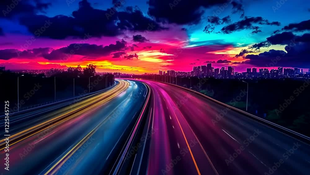 Colorful twilight skies over busy highway. Vehicles speeding under vibrant sunset. Light trails depict rapid motion. Evening traffic flows smoothly. Colors enhance tranquil driving experience. Visual