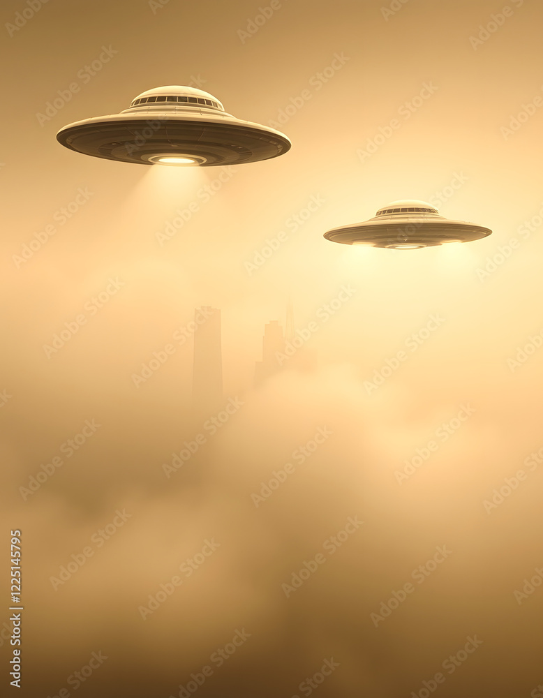 Intriguing image of two UFOs flying over a silhouetted city skyline in a hazy sepia atmosphere, suggesting science fiction and urban mystery concepts