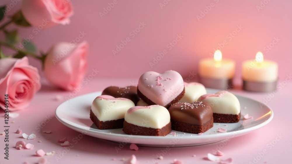 Aromatic heart-shaped chocolates arranged on a plate, adorned with delicate pink roses and soft candlelight, creating a romantic ambiance. Aromatic heart-shaped chocolates arranged on a plate, adorned with delicate pink roses and soft candlelight, creating a romantic ambiance.