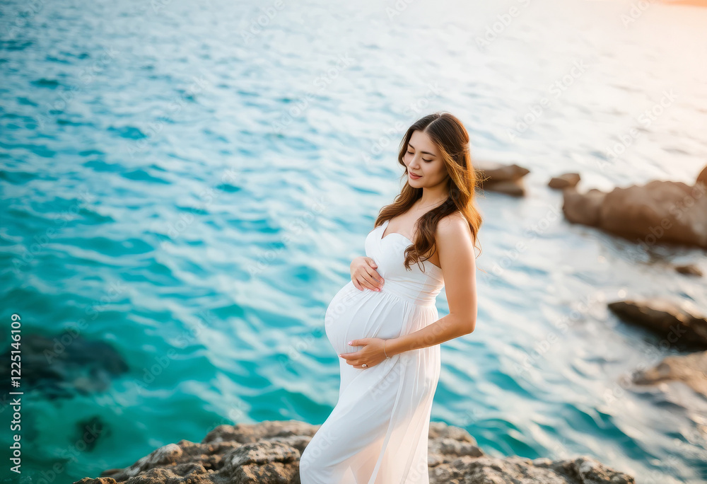 young beautiful asian pregnant woman in white dress posing near the sea young beautiful asian pregnant woman in white dress posing near the sea