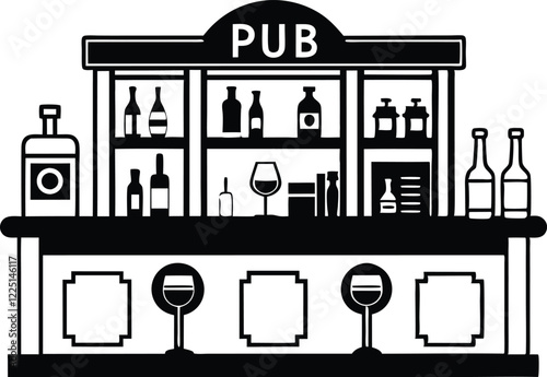 Alcohol bar with barmen black and white Illustration