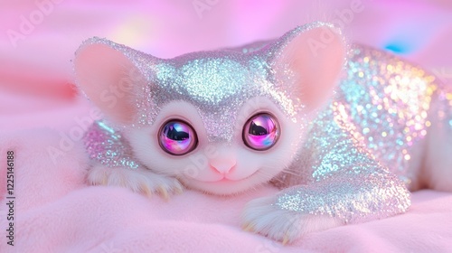 Glittering fantasy creature with big eyes resting on soft pink fabric photo