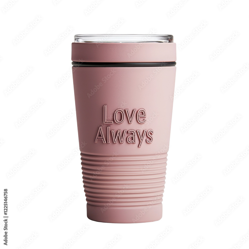 Stylish pink tumbler with embossed message 'Love Always' for enjoying hot beverages. Stylish pink tumbler with embossed message 'Love Always' for enjoying hot beverages.