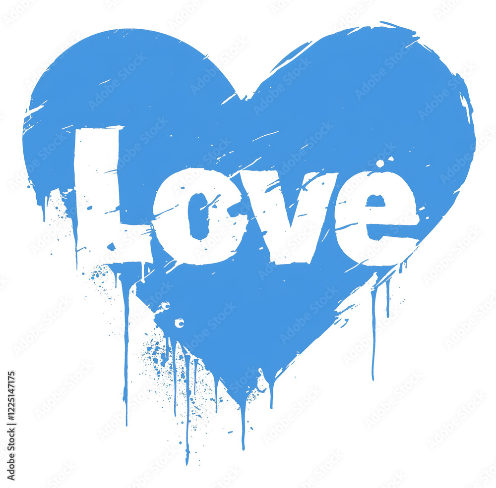 Obraz premium Blue heart with word Love in bold black letters and paint splatters