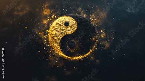 Golden and black yin yang symbol with floating powder on black background. abstraction, Buddhism, Hinduism, symbol, religion, balance concept. photo