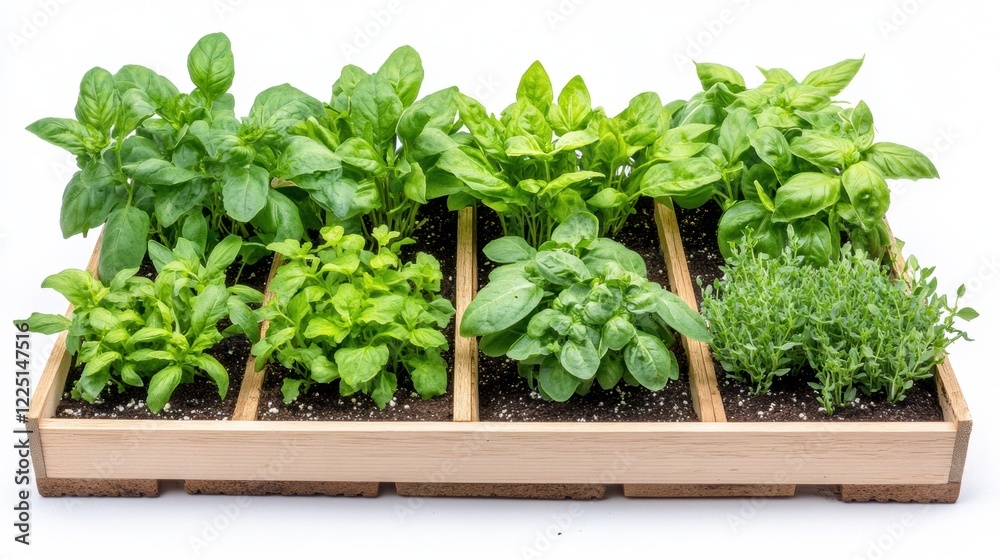 Fresh herb garden with basil, mint, and thyme in wooden planter box on white background Fresh herb garden with basil, mint, and thyme in wooden planter box on white background