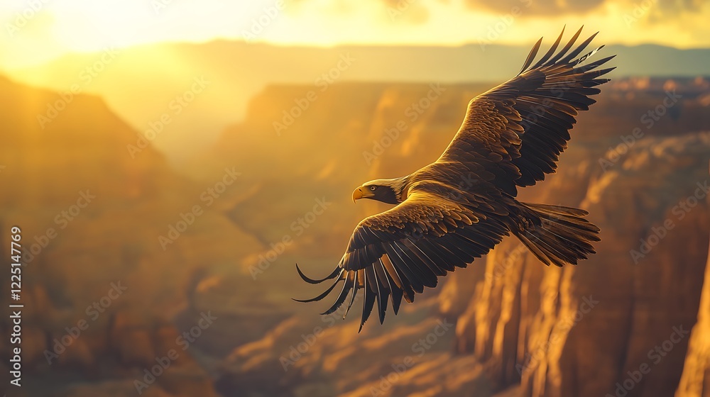 Obraz premium Eagle in flight at sunset over canyons
